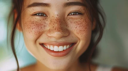 Fotobehang そばかす、完璧な肌と笑顔の日本人女性GenerativeAI © enopi