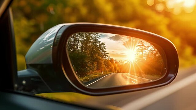 Through the cars side mirror we see the changing scenery reflected from lush green forests to arid desert landscapes as the car continues its journey.