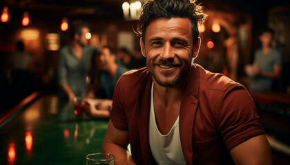 Obraz premium One man sitting at bar, smiling, enjoying drink with friends generated by AI