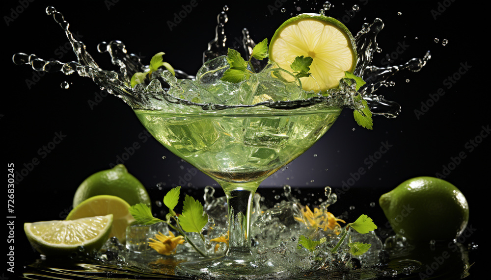 Poster refreshing mojito cocktail with lemon and lime slices, ice cubes generated by ai