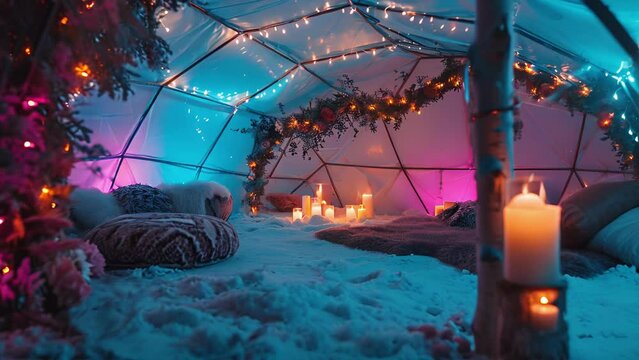 A magical igloo decorated with neon lights and filled with cozy furs and ling candles.