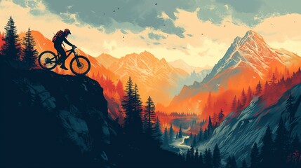 Travel Poster Twilight Ride in the Wild Mountainbike in Front of Mountains	