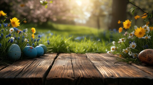 Easter Morning in Bloom with wooden planks in foreground