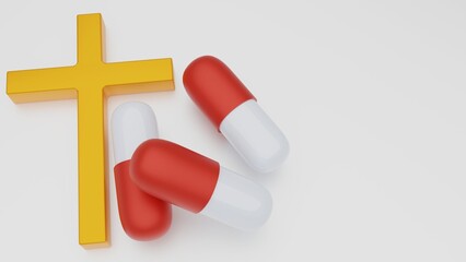 3D rendering of golden crosses scattered around drug capsules. 