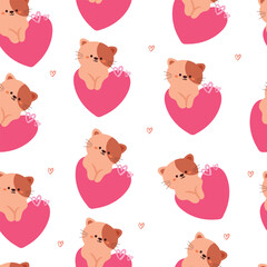 seamless pattern cartoon cat and pink heart. cute animal wallpaper illustration for gift wrap paper