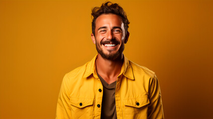 Obraz premium 30s handsome latino man, standing with confidence and laughing on a yellow background, wearing a yellow jacket 