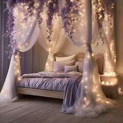 A bedroom inspired by the enchantment of a midsummer night's dream. Picture ethereal drapes, soft fairy lights, and a celestial color palette
