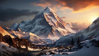 Majestic mountain peak, snowcapped and serene, a tranquil winter generated by AI - obrazy, fototapety, plakaty