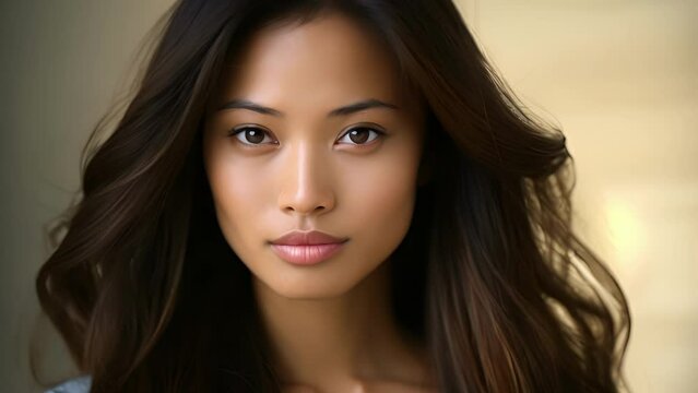 A closeup portrait of an Asian woman shows her head and shoulders her gaze directly meeting the camera. Her long dark hair falls in gentle waves onto her light blouse framing her face