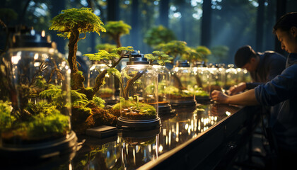 Men holding plant leaf, working indoors, reflecting on nature growth generated by AI