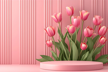 Illustration of pink podium with flower tulips, Mother's Day concept, suitable for event promotion or holiday decorations.
