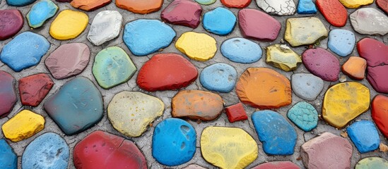 Outdoor garden with decorative walls made of colored painted stones.