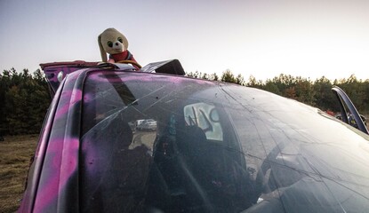 mascot on a destroyed car, car accident, car accident
