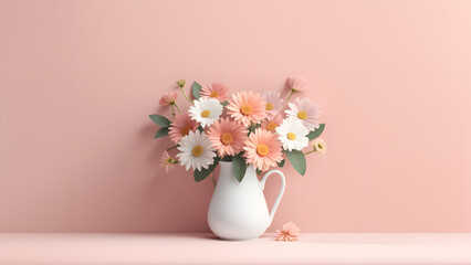 3D flower floral with pink pastel background. Cosmetic or beauty product background for woman's day and mother's day. Copy space floral mockup. - obrazy, fototapety, plakaty