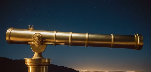 A polished brass telescope, gleaming under a starry night sky, on an observatory balcony