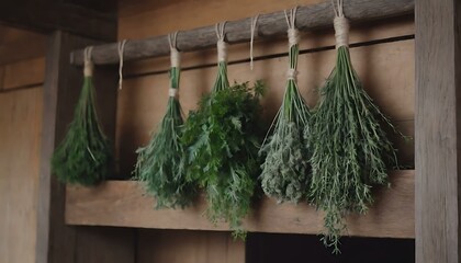 A bundle of dried herbs, hanging from a rustic wooden beam, in a farmhouse kitchen