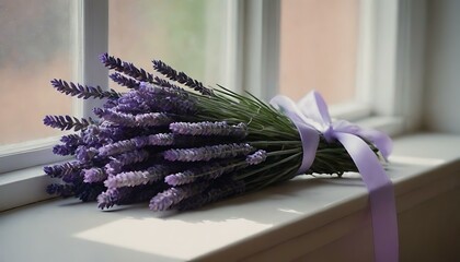 A bundle of fragrant lavender, tied with a satin ribbon, resting on a windowsill