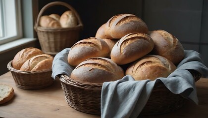 A woven basket, overflowing with freshly baked bread loaves, on a farmhouse kitchen table