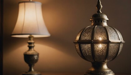 A vintage brass lamp, with intricate filigree details, casting a warm glow in a dimly lit room