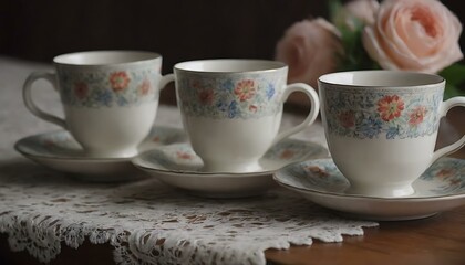 A set of ceramic tea cups, painted with delicate floral patterns, on a lace table runner