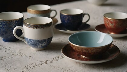 A set of ceramic tea cups, painted with delicate floral patterns, on a lace table runner