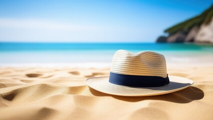 Straw hat, sunglasses on a sandy beach by the sea or ocean, a place for text, the concept of rest and travel