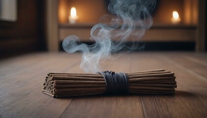 A bundle of aromatic incense sticks, releasing fragrant wisps of smoke, in a meditation room - obrazy, fototapety, plakaty