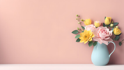 3D flower floral with pink pastel background. Cosmetic or beauty product background for woman's day and mother's day. Copy space floral mockup.