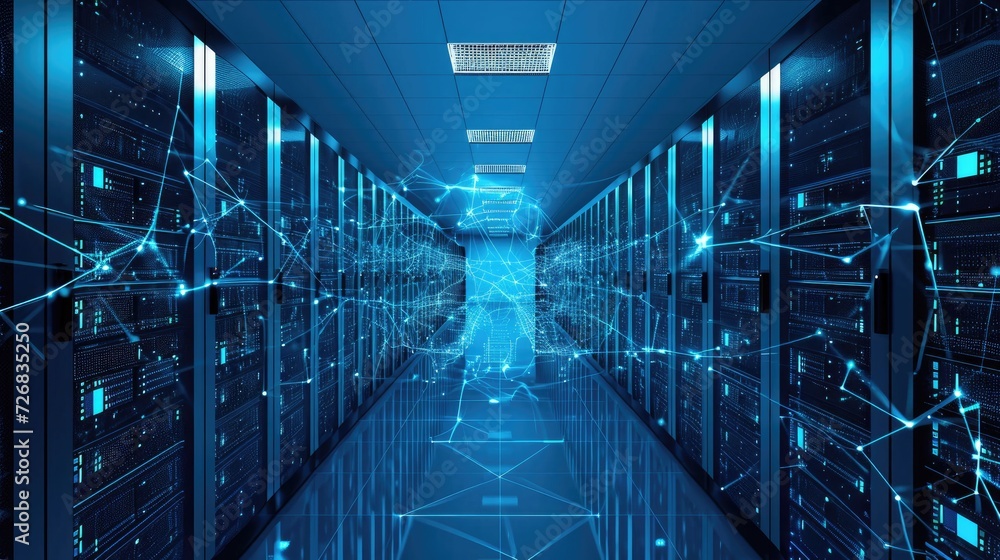 Poster long hallway with rows of servers in a data center generative ai