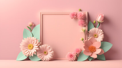 3D flower floral with pink pastel background. Cosmetic or beauty product background for woman's day and mother's day. Copy space floral mockup.