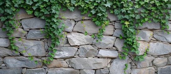 Texture wallpaper with green leaves on a natural stone wall. - obrazy, fototapety, plakaty