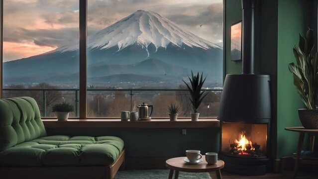 stream overlay background loop animation. Cozy living room with fireplace and window, mountain peak view. vtuber asset twitch zoom OBS screen, anime chill hip hop video