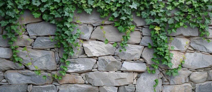 Texture wallpaper with green leaves on a natural stone wall. - Powered by Adobe