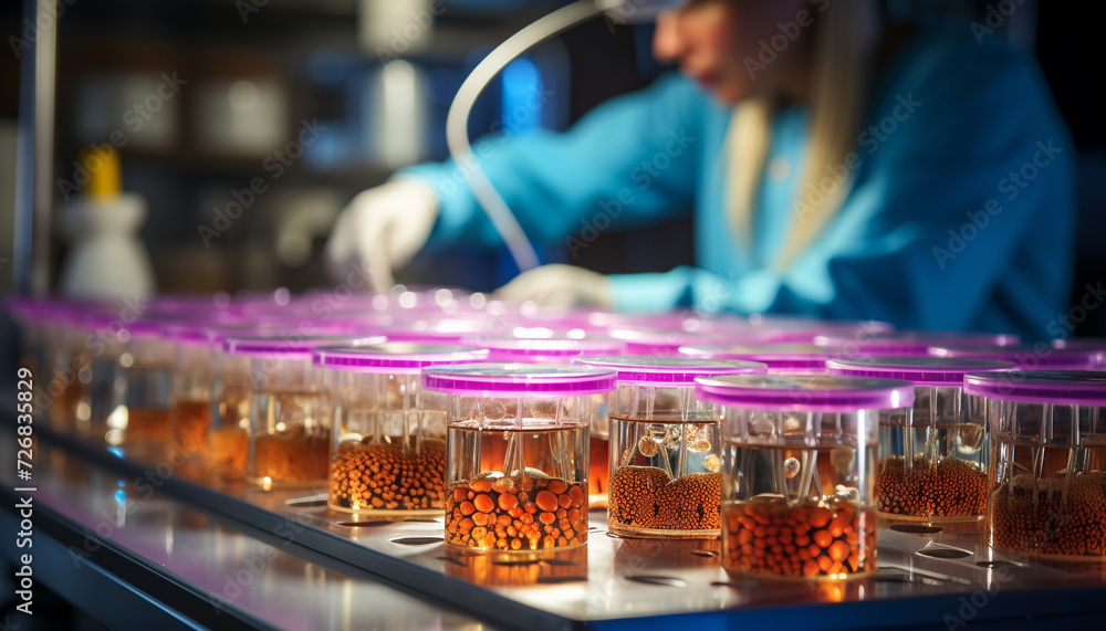 Poster scientist analyzing liquid in laboratory, conducting scientific experiment generated by ai