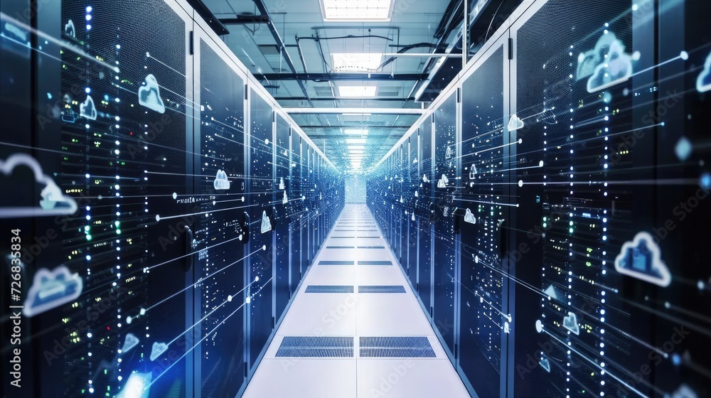 Poster rows of servers in a data center generative ai