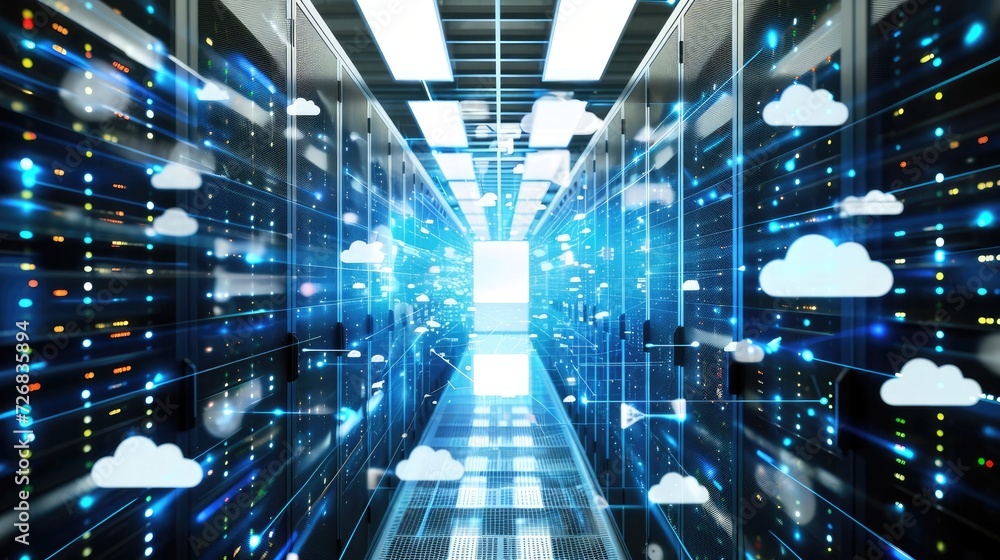 Poster large server room filled with clouds generative ai