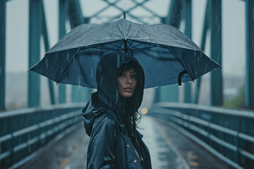 model standing on a bridge with a umbrella and a raincoat in a rainy day