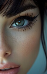 A girl with big brown eyes and wearing black eyeliner and mascara. Close-up of a beautiful sensual and attractive woman with makeup.