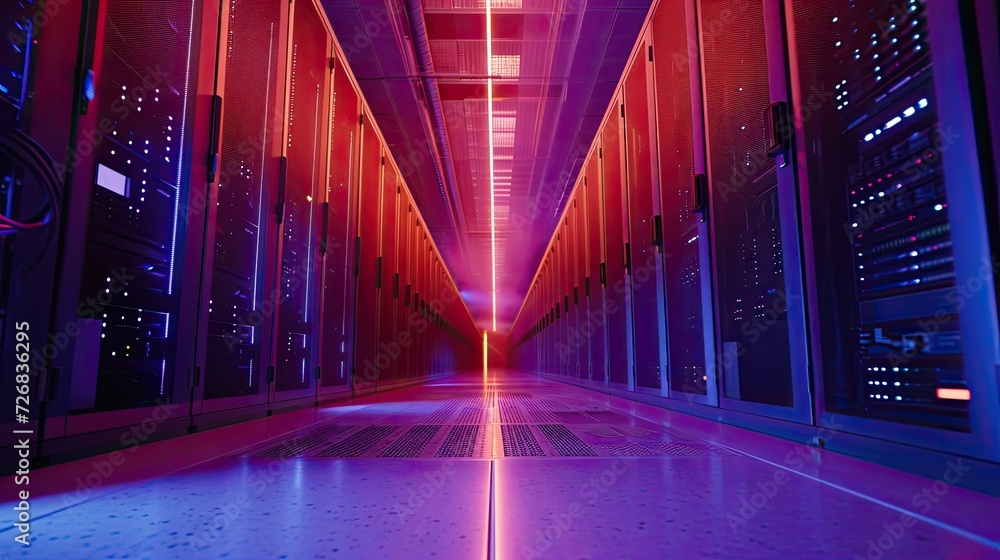 Poster long hallway with red and purple lights in a data center generative ai