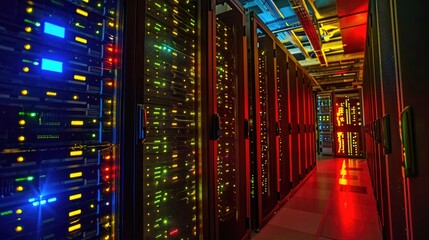 Vibrant Lights Illuminate a Long Server Room Corridor Generative AI