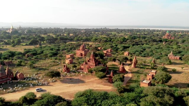 Old city of Bagan Myanmar, drone aerial view sunrise with temples and old pagodas at the historical UNESCO site of old Bagan