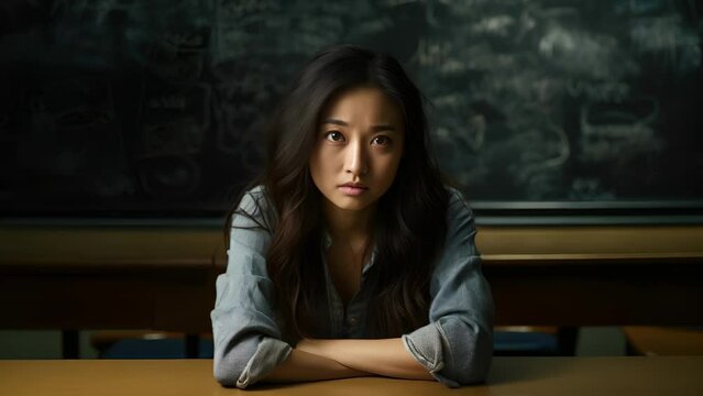young, spirited Asian woman sits in empty classroom, hands shrouded in chalk dust. She psychology professor, passionately ilrating on blackboard various theories and approaches to understanding