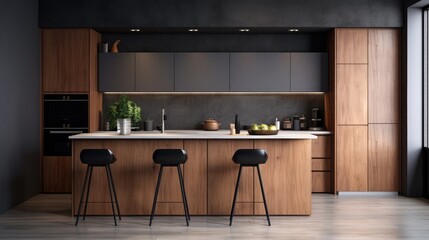 kitchen with modern interior design in flat studio. cabinet furniture with integrated household appliances, wooden bar stool and grey textured wall