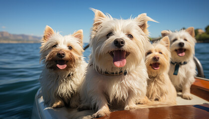 Cute terrier puppies sitting outdoors, looking at camera, smiling generated by AI