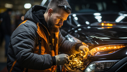 A bearded mechanic confidently repairs cars in the workshop generated by AI