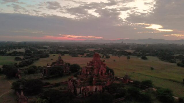 Bagan Myanmar, drone aerial view sunrise with temples and old pagodas at the historical UNESCO site of old Bagan, old city of Bagan