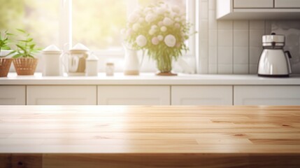Fototapeta na wymiar Kitchen wooden table top and kitchen blur background interior style scandinavian