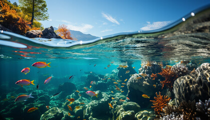 Fototapeta na wymiar Underwater fish swim below the multi colored coral reef generated by AI