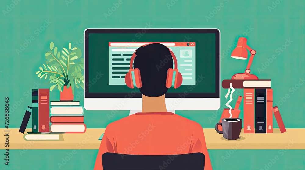 Poster student studying with headphones in front of computer monitor generative ai