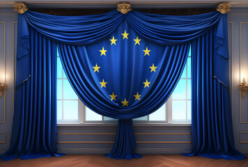Shaped blue curtains eu flag with yellow stars is hanging at the windows , modern wall , light,wooden floor , interior room